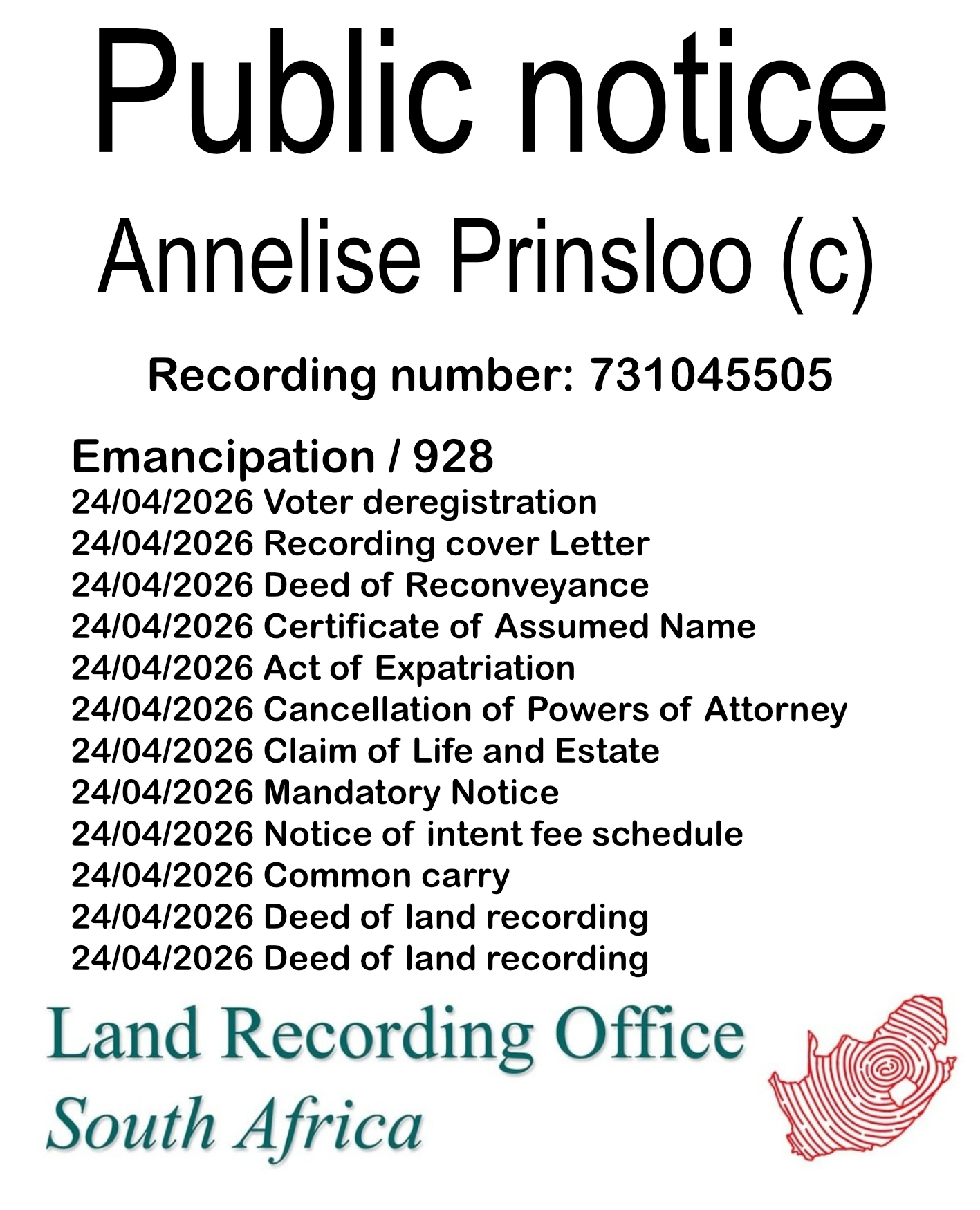 Public notice Annelise Prinsloo (c) Recording number 731045505